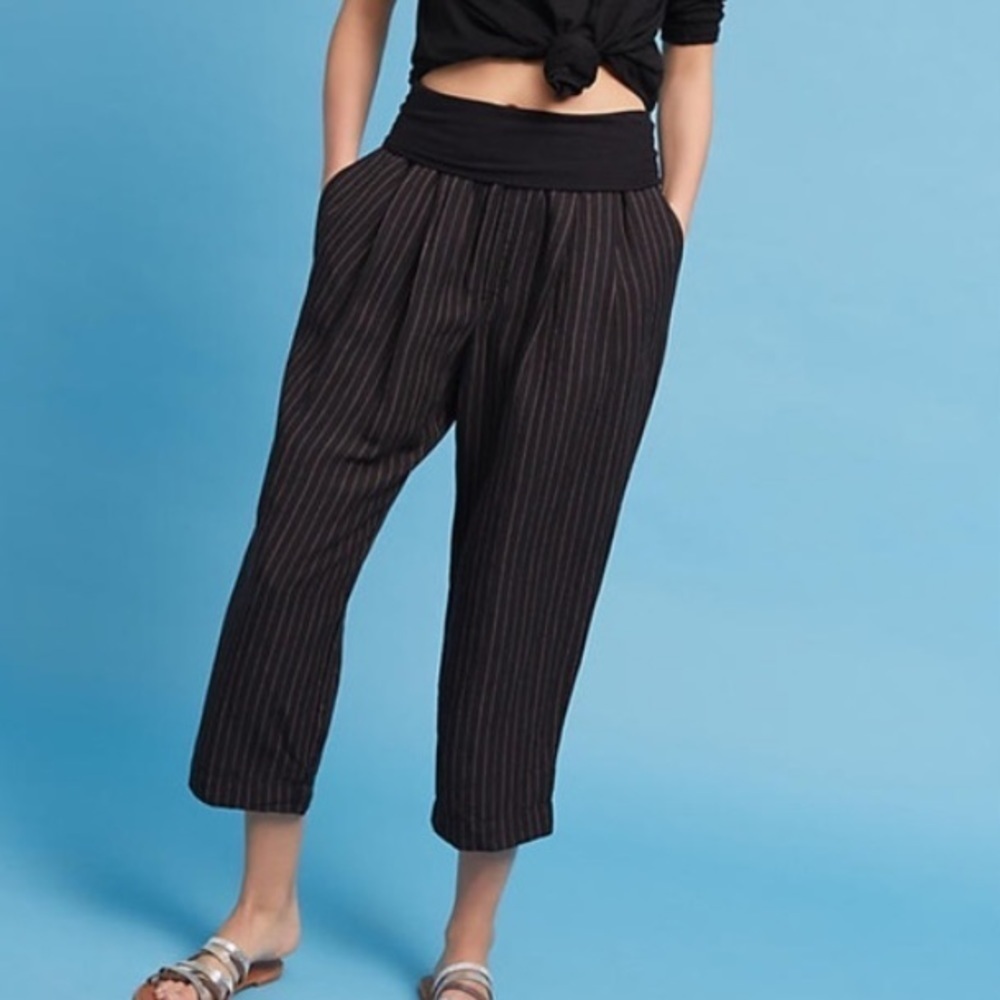 Anthropologie Black Pinstriped Cropped Drawstring Pants
